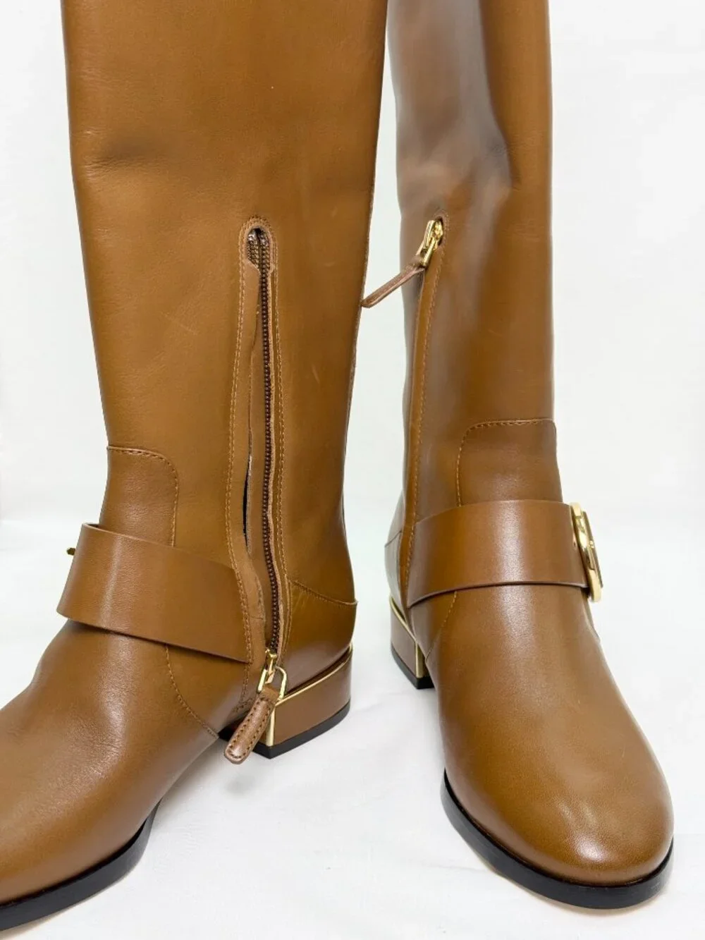NEW Tory Burch Sofia Riding Boots Camel Leather Gold Buckle Knee High Size 6.5